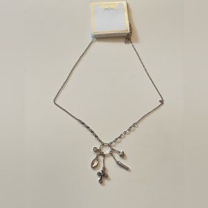 Cross charm necklace black silver cross, gem, leaf, stud bar, & heart